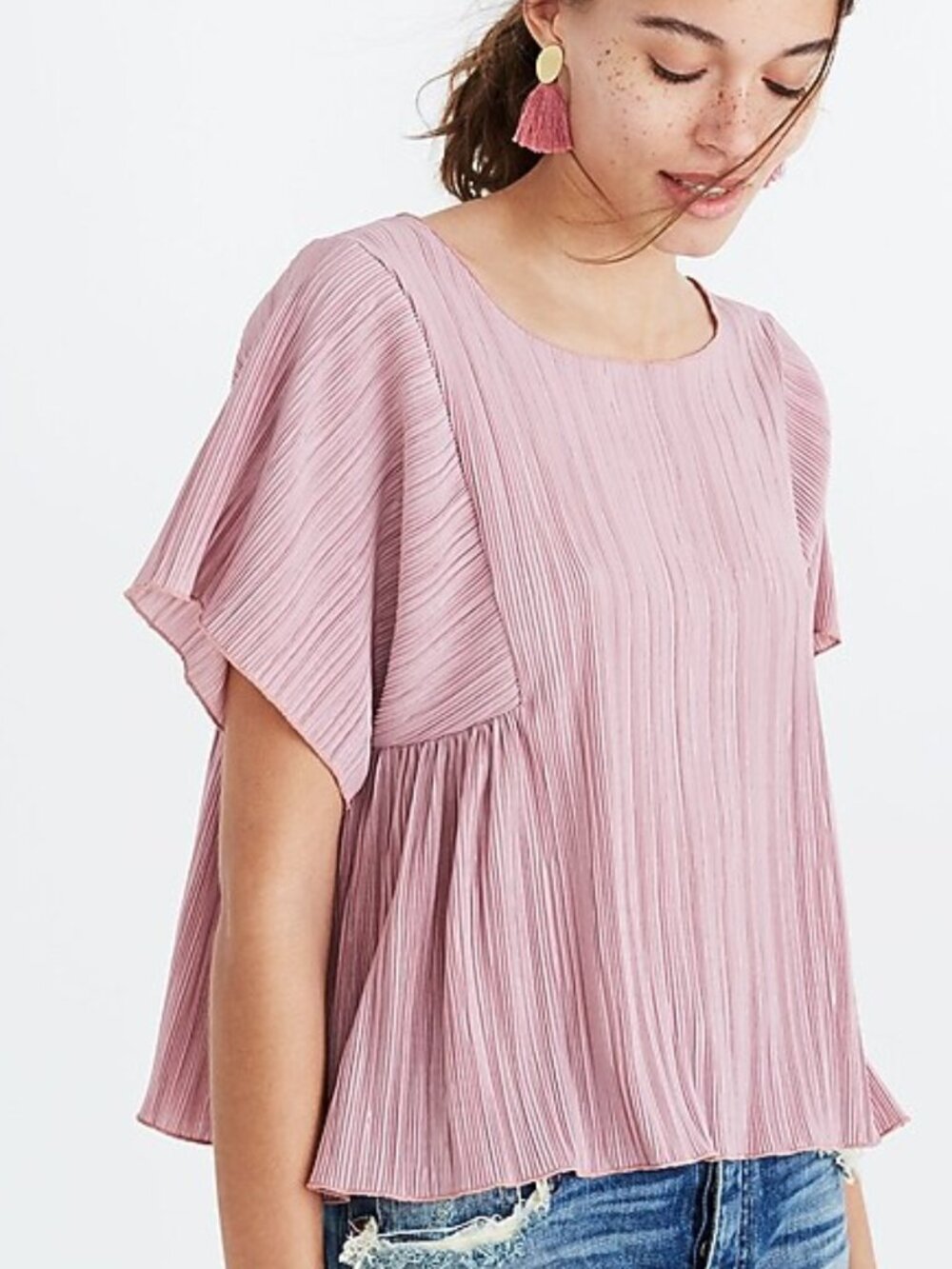 Madewell Texture & Thread Micropleat Top Babydoll 90s Vintage Mauve Pink Medium